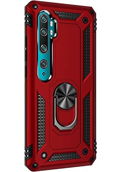 Xiaomi Mi Note 10 Pro Kılıf Tank Koruma Vega Standlı Yüzüklü Mıknatıslı Kırmızı