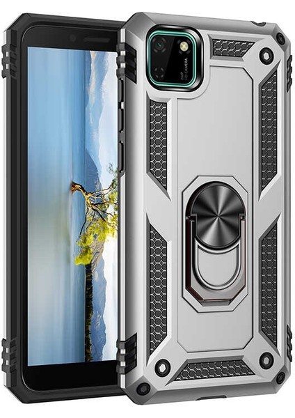Huawei Y5P Kılıf Tank Koruma Vega Standlı Yüzüklü Mıknatıslı+Nano Glass Gümüş