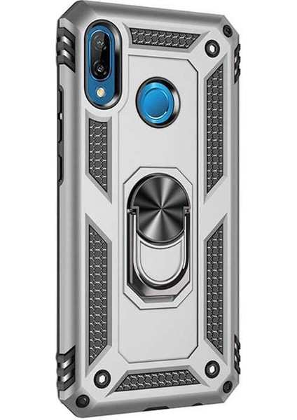 Huawei P20 Lite Kılıf Vega Standlı Yüzüklü Mıknatıslı+Nano Glass Gümüş