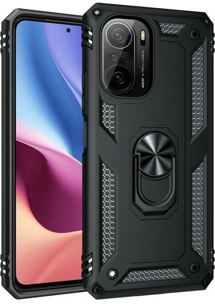 Xiaomi Poco F3 Kılıf Vega Tank Koruma Standlı Yüzüklü Mıknatıslı+Nano Glass Siyah