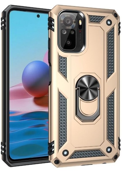 Xiaomi Redmi Note 10 Kılıf Vega Tank Koruma Standlı Yüzüklü Mıknatıslı+Nano Glass Gold