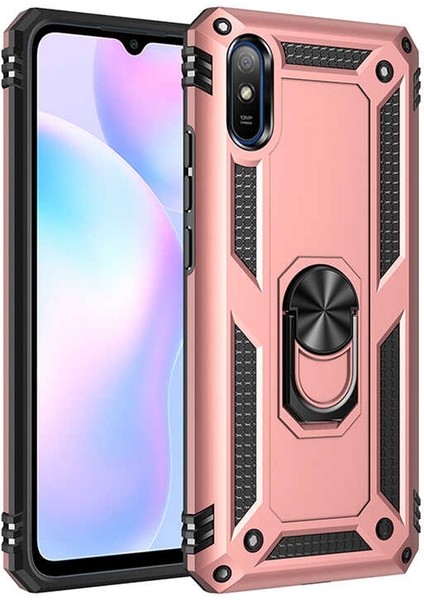 Xiaomi Redmi 9A Kılıf Tank Koruma Vega Standlı Yüzüklü Mıknatıslı Bronz