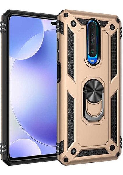 Xiaomi Poco X2 Kılıf Tank Koruma Vega Standlı Yüzüklü Mıknatıslı Gold