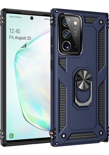 Samsung Galaxy Note 20 Kılıf Vega Standlı Yüzüklü Mıknatıslı+Full Ekran Lacivert