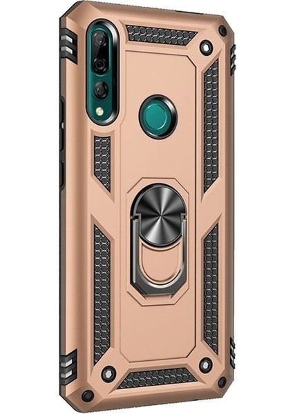 Huawei Y9 Prime 2019 Kılıf Vega Standlı Yüzüklü Mıknatıslı+Nano Glass Gold