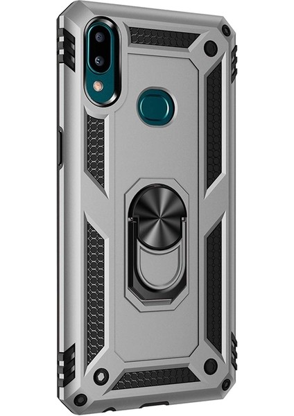 Samsung Galaxy A10S Kılıf Vega Standlı Yüzüklü Mıknatıslı+Nano Glass Gümüş