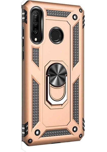 Huawei P30 Lite Kılıf Vega Standlı Yüzüklü Mıknatıslı+Nano Glass Gold