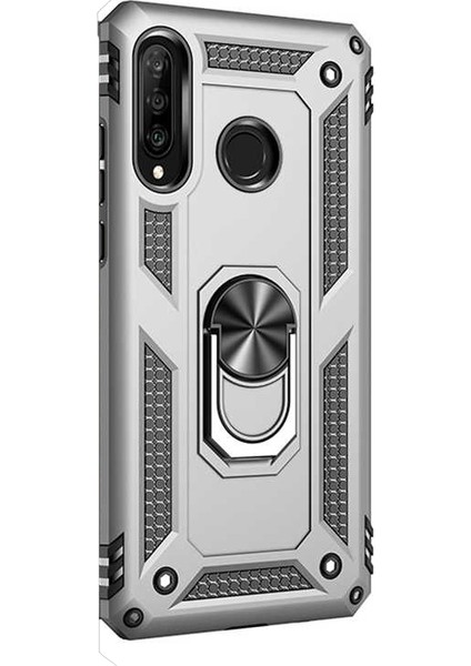 Huawei P30 Lite Kılıf Vega Standlı Yüzüklü Mıknatıslı+Nano Glass Gümüş