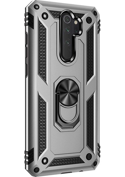 Xiaomi Redmi Note 8 Pro Kılıf Vega Standlı Yüzüklü Mıknatıslı+Nano Glass Gümüş