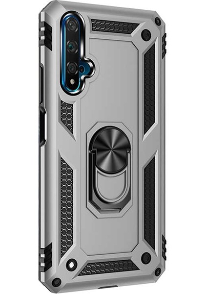 Huawei Nova 5t Kılıf Vega Standlı Yüzüklü Mıknatıslı+Nano Glass Gümüş