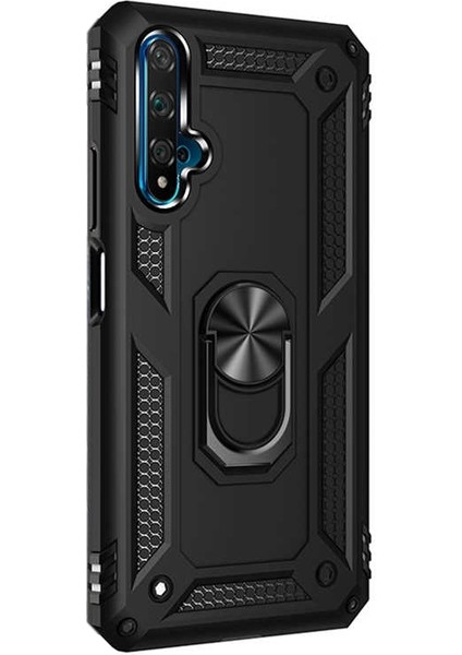 Huawei Nova 5t Kılıf Vega Standlı Yüzüklü Mıknatıslı+Nano Glass Siyah