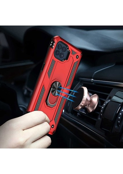 Oppo Reno 4 Lite Kılıf Vega Tank Koruma Standlı Yüzüklü Mıknatıslı Kırmızı