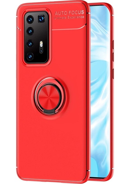 Huawei P40 Pro Kılıf Ravel Yüzüklü Mıknatıslı+Full Ekran Koruyucu Kırmızı