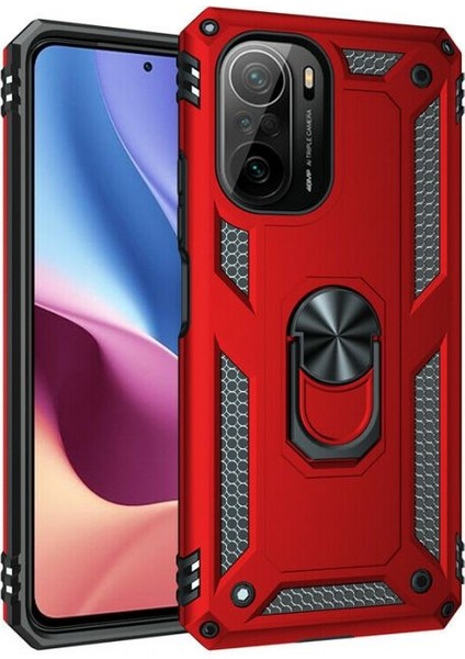 Xiaomi Poco F3 Kılıf Vega Tank Koruma Standlı Yüzüklü Mıknatıslı Kırmızı