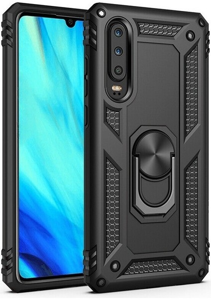 Huawei P Smart Pro 2019 Kılıf Tank Koruma Vega Standlı Yüzüklü Mıknatıslı Siyah