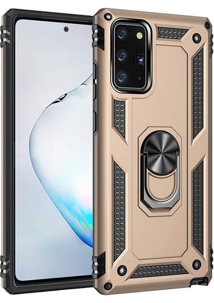 Samsung Galaxy Note 20 Kılıf Tank Koruma Vega Standlı Yüzüklü Mıknatıslı Gold