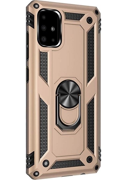 Samsung Galaxy M51 Kılıf Tank Koruma Vega Standlı Yüzüklü Mıknatıslı+Nano Glass Gold