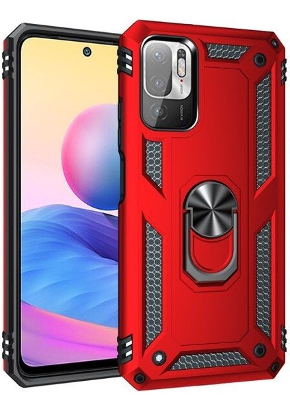 Xiaomi Poco M3 Pro 5g Kılıf Vega Tank Standlı Yüzüklü Mıknatıslı+Nano Glass Kırmızı