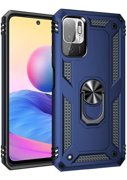 Xiaomi Poco M3 Pro 5g Kılıf Vega Tank Standlı Yüzüklü Mıknatıslı+Nano Glass Lacivert