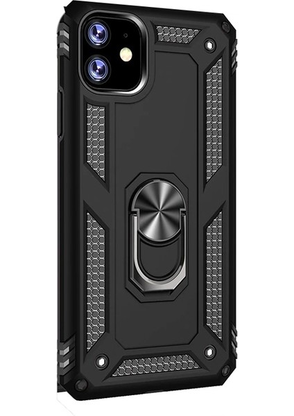 Apple iPhone 11 Kılıf Vega Standlı Yüzüklü Mıknatıslı+Nano Glass Siyah