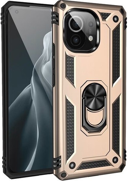 Xiaomi Mi 11 Lite Kılıf Vega Tank Standlı Yüzüklü Mıknatıslı Gold