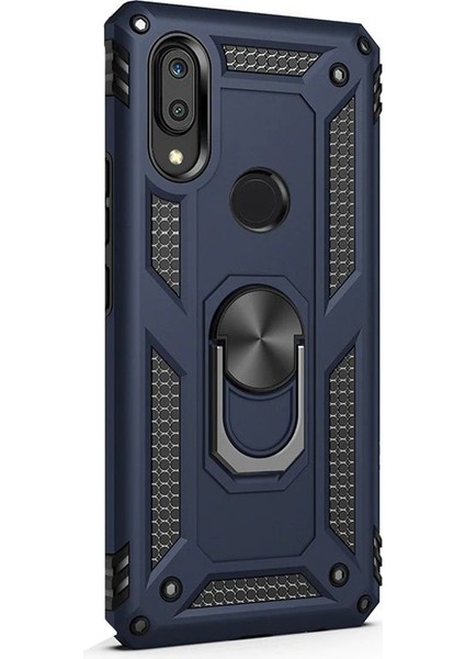 Huawei Y6 2019 Kılıf Vega Standlı Yüzüklü Mıknatıslı+Nano Glass Lacivert