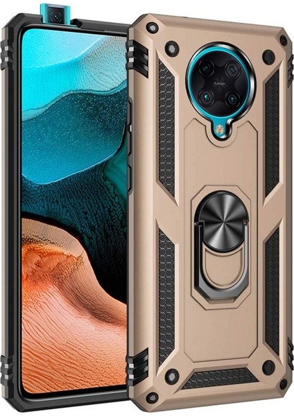 Xiaomi Poco F2 Pro Kılıf Vega Standlı Yüzüklü Mıknatıslı+Full Ekran Gold