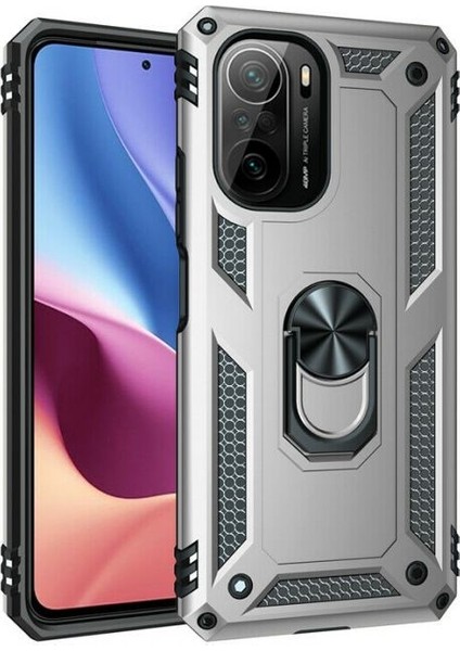 Xiaomi Poco F3 Kılıf Vega Tank Koruma Standlı Yüzüklü Mıknatıslı+Nano Glass Gümüş