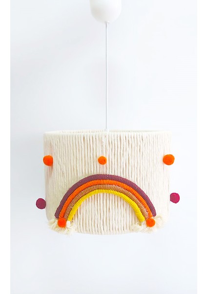 Ekru Makrome Ip Sargılı Gökkuşağı Detaylı Ponponlu Çocuk Odası Sarkıt Avize