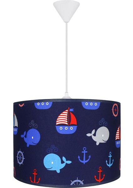 Çocuk Odası Silindir Kumaş Avize Sarkıt-Lacivert Balina