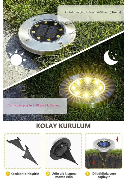 4 Adet Solar Güneş Enerjili 8 Ledli Kazıklı Çim Zemin Bahçe Aydınlatma 3 W Gün Işığı
