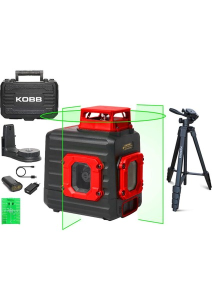 Kobb KBL33GTP 40 Metre Profesyonel Li-Ion Şarjlı 2X90⁰/360⁰ Otomatik Hizalamalı Yeşil Çapraz Çizgi Lazer Distomat + Tripod