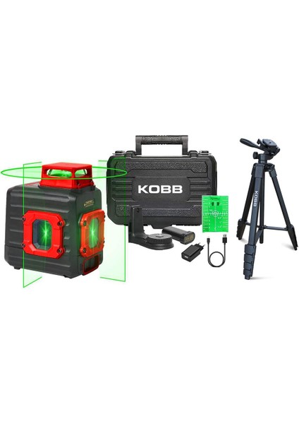 Kobb KBL33GTP 40 Metre Profesyonel Li-Ion Şarjlı 2X90⁰/360⁰ Otomatik Hizalamalı Yeşil Çapraz Çizgi Lazer Distomat + Tripod