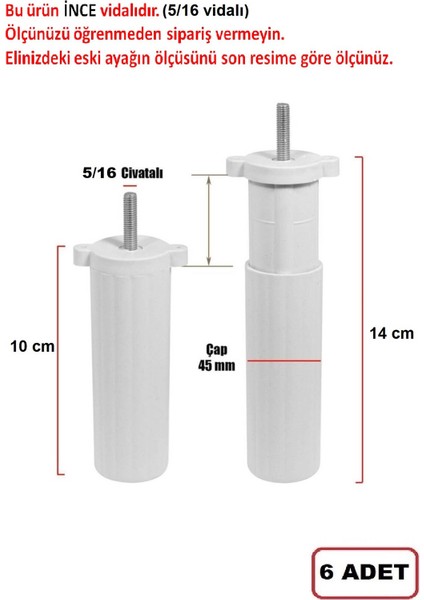 Orta Plastik Mobilya Koltuk Kanepe Ayağı 6 Adet Beyaz 10 - 14 cm 5/16 Vida (Vida Ölçüsüne Dikkat) modelleri