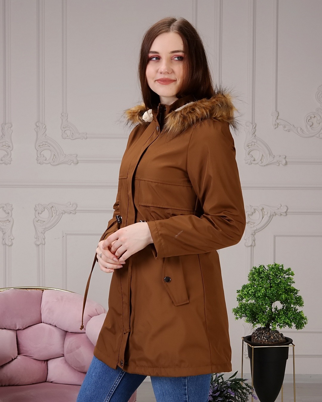 Vibeys Collection Bej Içi Kürklü ve Su Geçirmez Kadın Kışlık Mont & Kaban