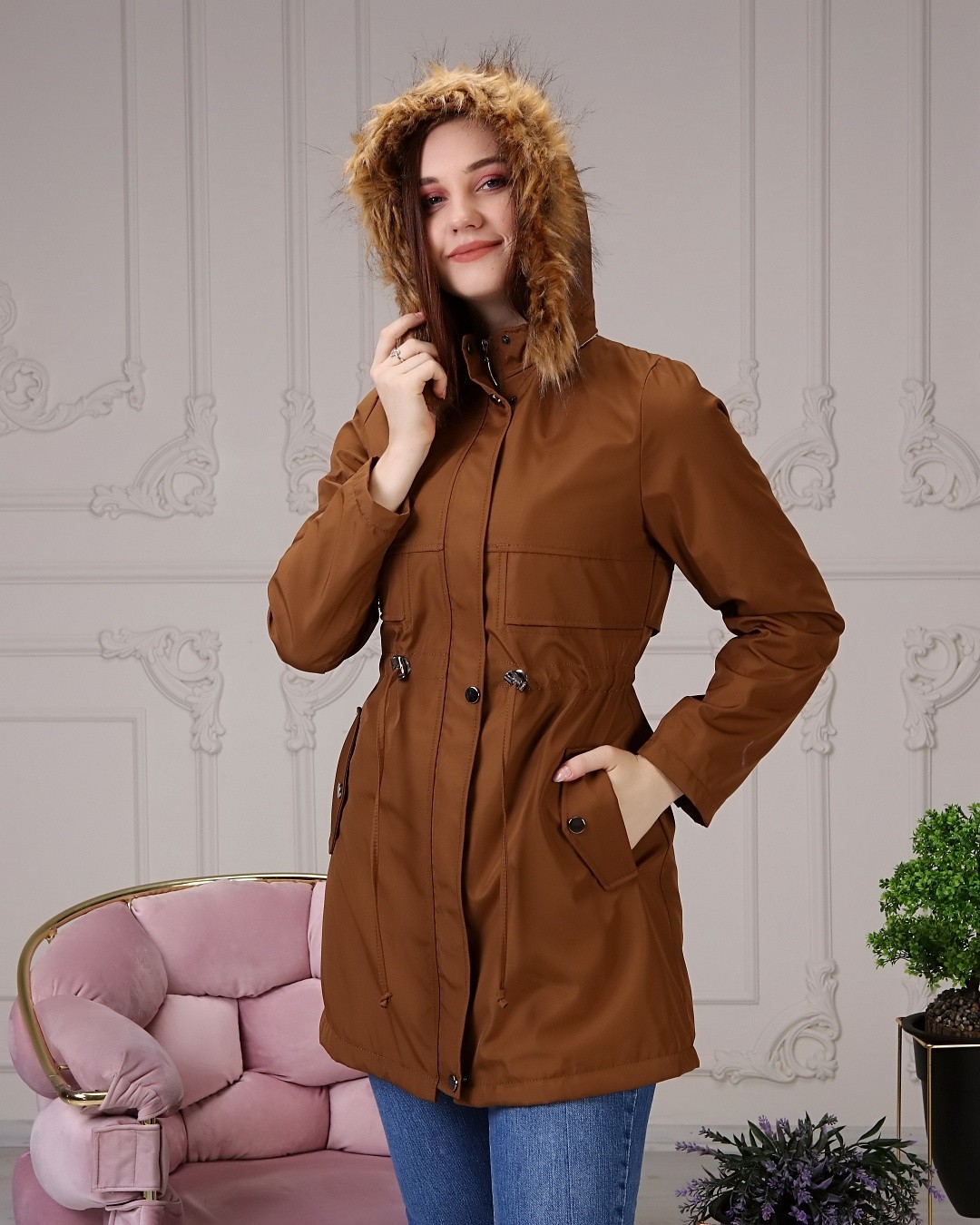 Vibeys Collection Bej Içi Kürklü ve Su Geçirmez Kadın Kışlık Mont & Kaban görsel 2