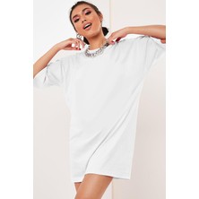 Rock&Roll Düz, Baskısız Oversize Beyaz Kısa Kollu Kadın T-Shirt