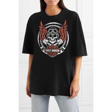 Rock&Roll Motorcu Kurukafa Oversize Siyah Kısa Kollu Kadın T-Shirt