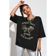 Rock&Roll Melek Şeytan Oversize Siyah Kısa Kollu Kadın T-Shirt