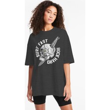 Rock&Roll Sörf Kurukafa Oversize Antrasit Kısa Kollu Kadın T-Shirt
