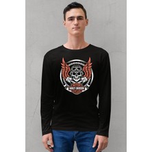 Rock&Roll Motorcu Kurukafa Bisiklet Yaka Siyah Uzun Kollu Penye Erkek T-Shirt