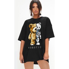Rock&Roll Robot Ayı Oversize Siyah Kısa Kollu Kadın T-Shirt