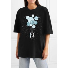 Rock&Roll Balon Gezegenler Oversize Siyah Kısa Kollu Kadın T-Shirt
