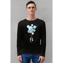 Rock&Roll Balon Gezegenler Bisiklet Yaka Siyah Uzun Kollu Penye Erkek T-Shirt