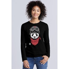 Rock&Roll Bandanalı Panda Bisiklet Yaka Siyah Uzun Kollu Penye Kadın T-Shirt