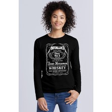 Rock&Roll Metallica Jack Logo Bisiklet Yaka Siyah Uzun Kollu Penye Kadın T-Shirt