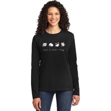 Rock&Roll Panda Taklası Bisiklet Yaka Siyah Uzun Kollu Penye Kadın T-Shirt