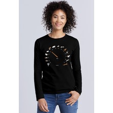 Rock&Roll Sürat Göstergesi Bisiklet Yaka Siyah Uzun Kollu Penye Kadın T-Shirt