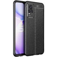 Caseart Vivo V21E  Kılıf Darbe Korumalı Deri Görünümlü Silikon Arka Kapak - Siyah