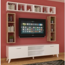 Dekormer Design Tv Ünitesi Dolaplı Meşe Beyaz 180 cm ve Üst Kitaplıklar